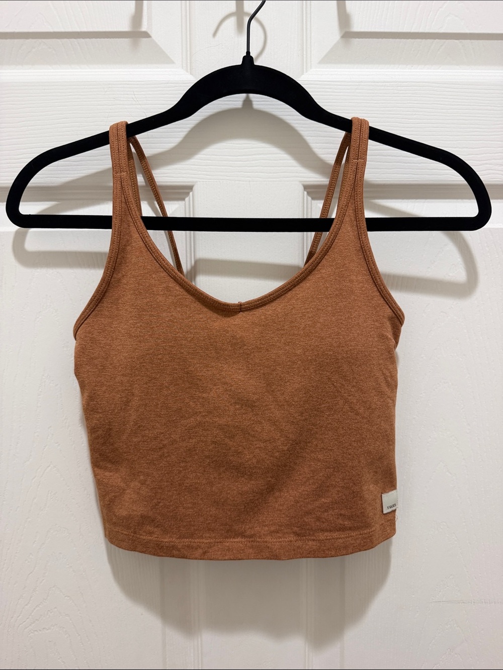 Vuori Cropped Double-Strap V-Neck Tank Top/ Sports Bra in Camel Brown Size Small